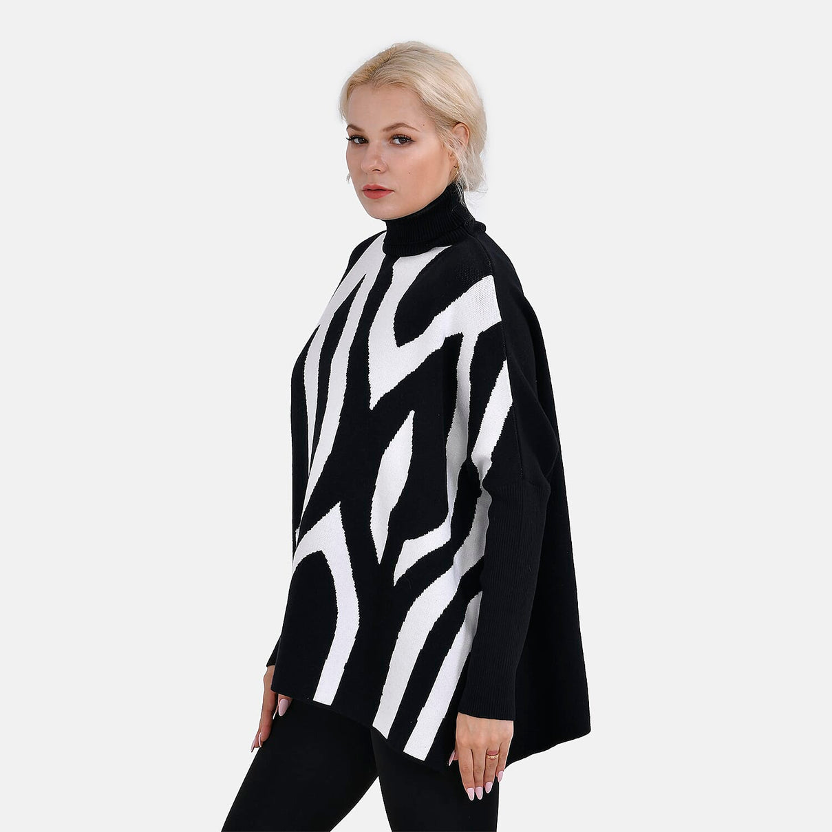 Tamsy Roll Neck Stripe Pattern Poncho Jumper 7598672 4