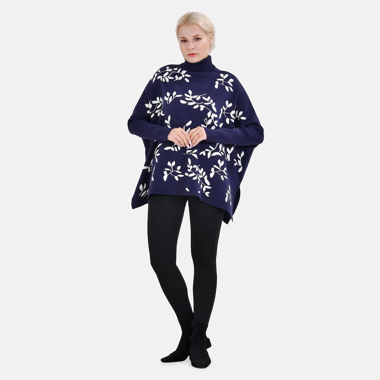 Tamsy Roll Neck Leaf Pattern Poncho Jumper 7598650 0