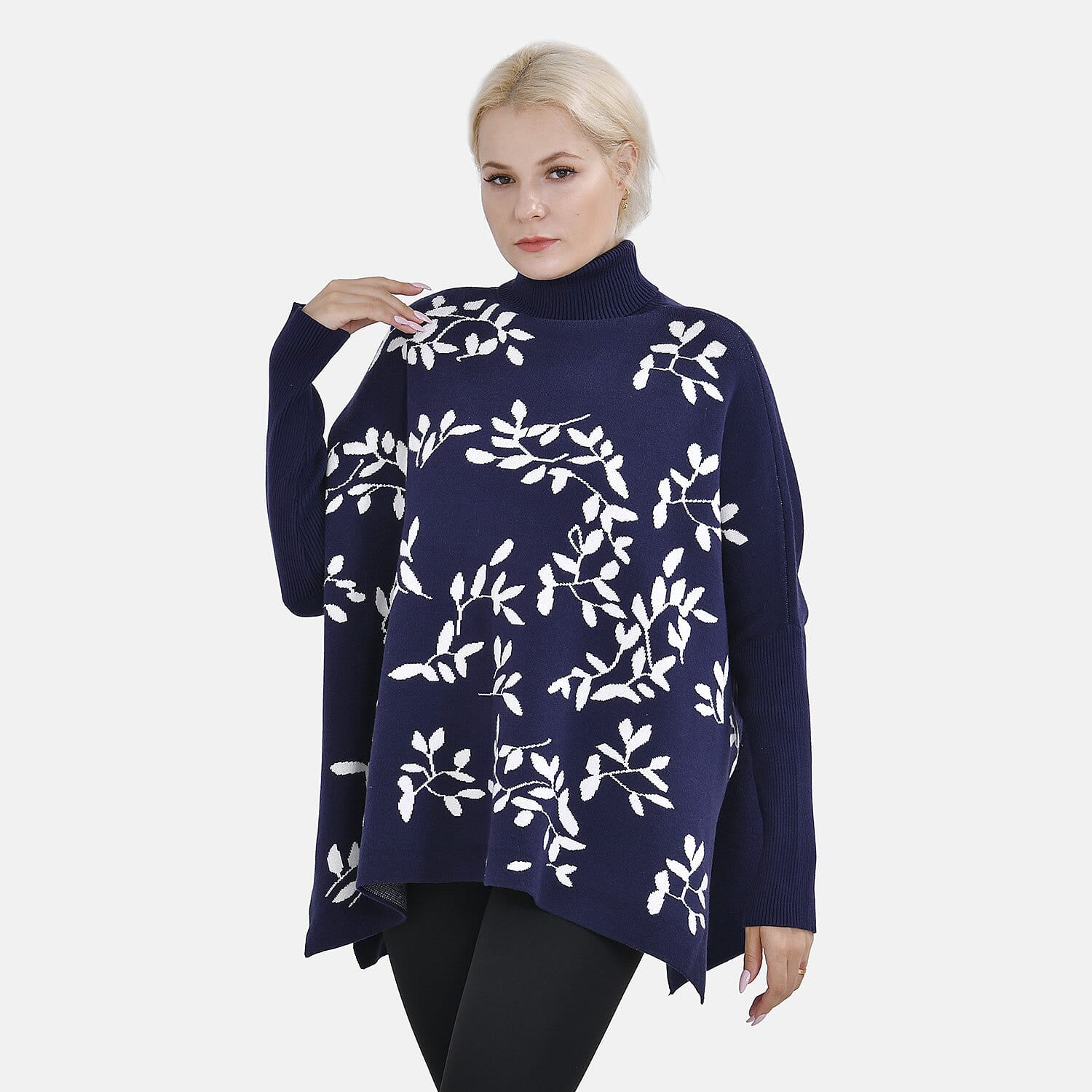 Tamsy Roll Neck Leaf Pattern Poncho Jumper 7598650 1