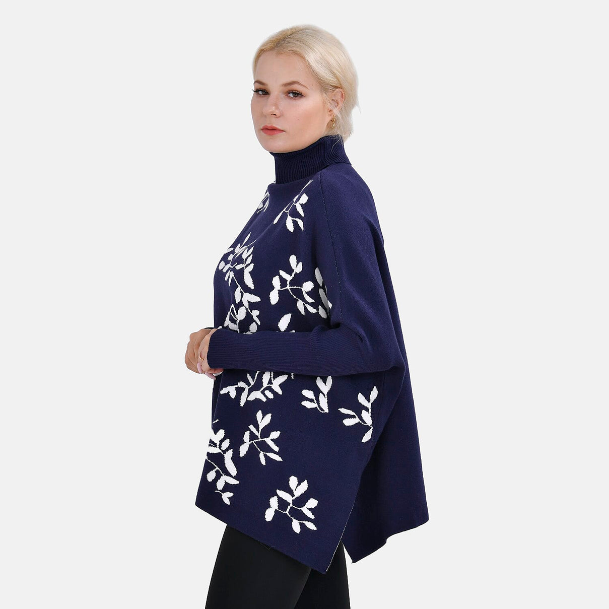 Tamsy Roll Neck Leaf Pattern Poncho Jumper 7598650 2