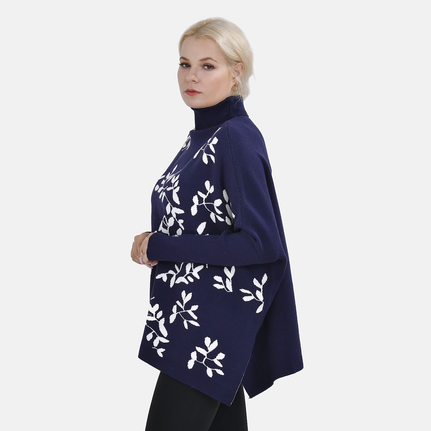 Tamsy Roll Neck Leaf Pattern Poncho Jumper 7598650 2