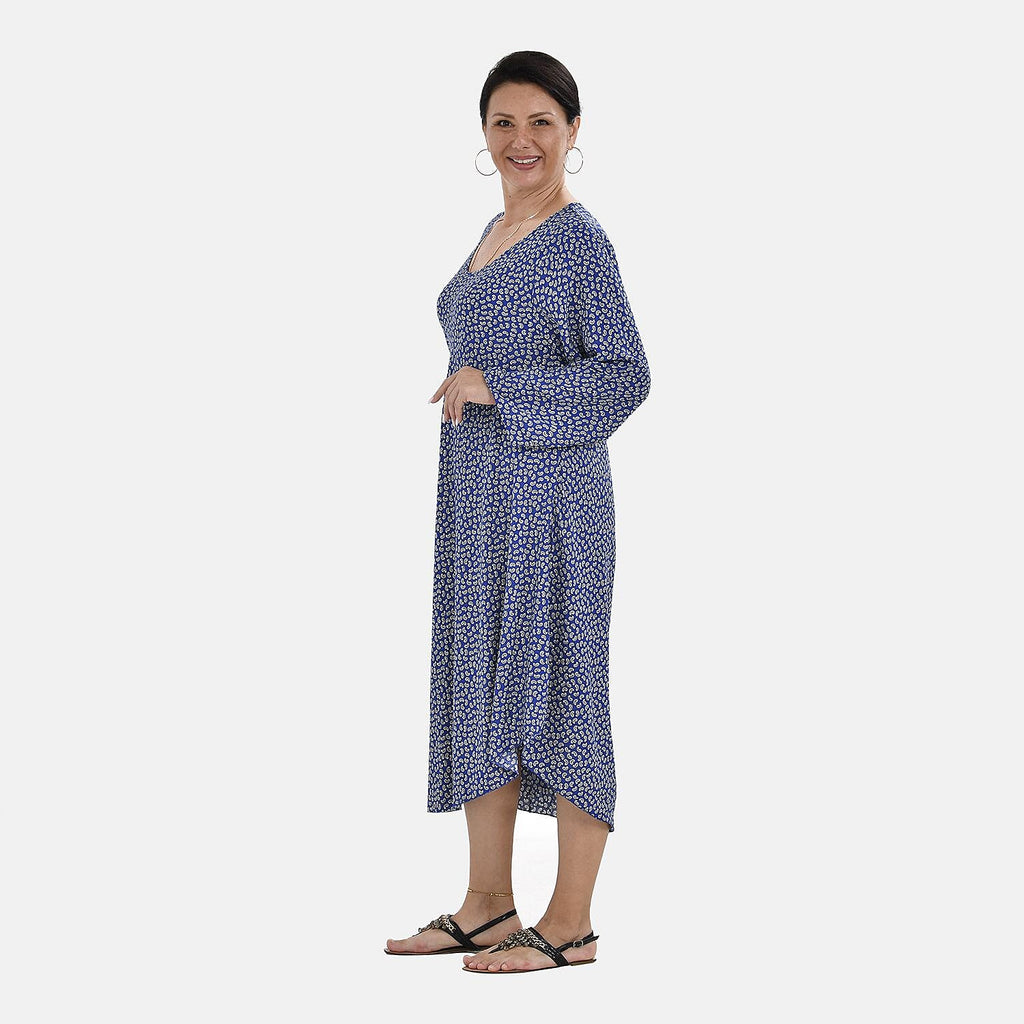 TAMSY 100% Viscose Printed Midi Dress (One Size, 8-18) - Blue