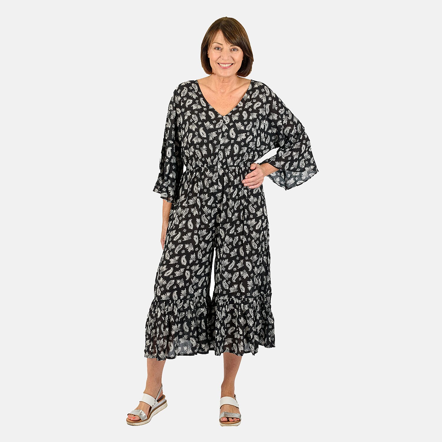Tamsy 100% Viscose Printed Jumpsuit With Elastci Waist (Size L) - Black 7595491 0