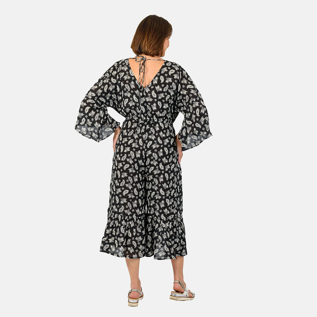 Tamsy 100% Viscose Printed Jumpsuit With Elastci Waist (Size XL) - Black