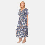 TAMSY 100% Viscose Printed Dress with Elastic At Waist  (One Size) - Grey - Off White