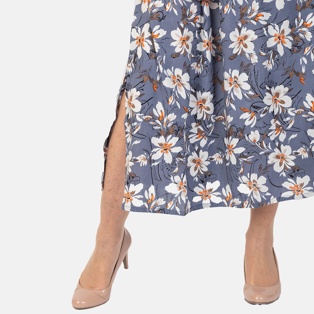 TAMSY 100% Viscose Printed Dress with Elastic At Waist  (One Size) - Grey - Off White