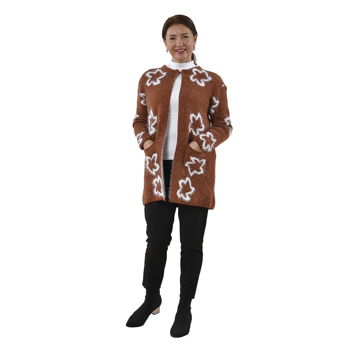 TAMSY White Star Pattern Women's Cardigan - Coffee (One Size Fit 8-20, Length 82 Cm) 8860989 0