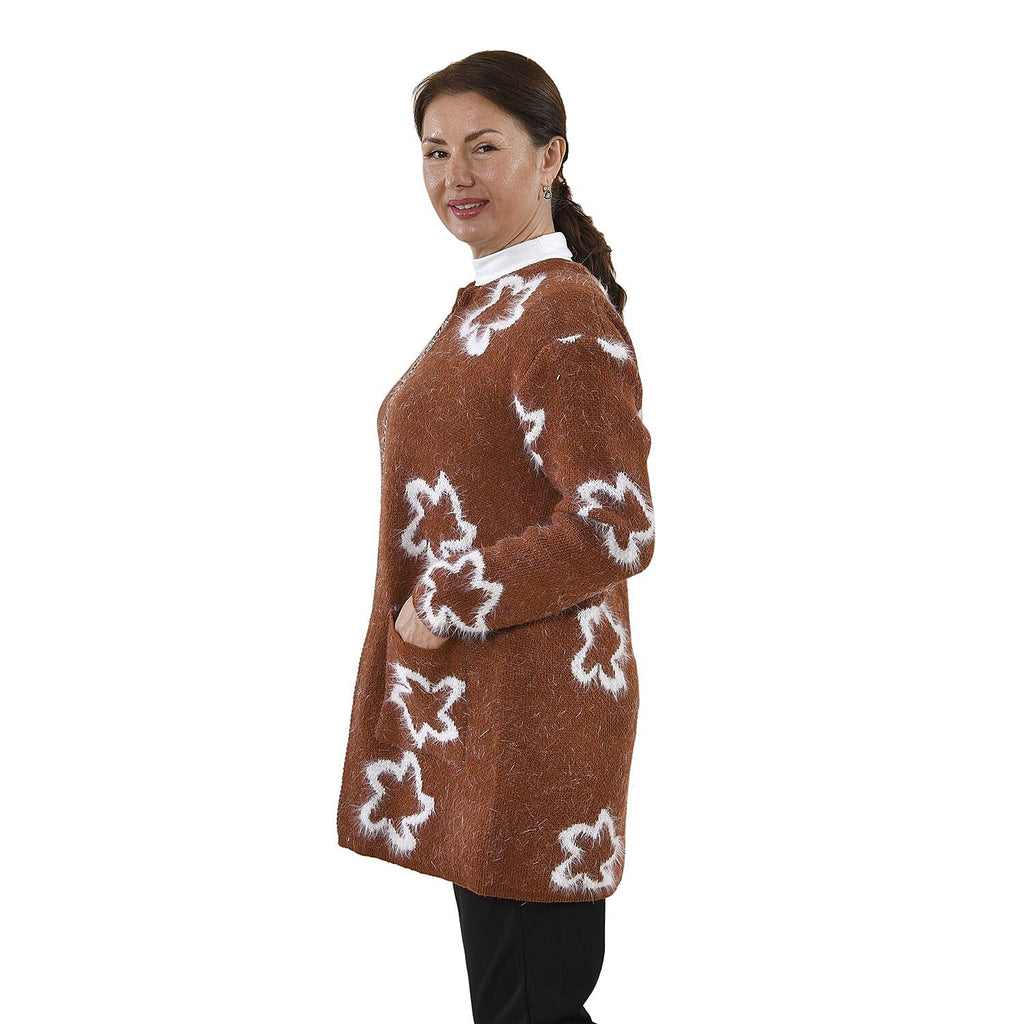 Tamsy White Star Pattern Cardigan - Coffee (One Size Fit 8-20, Length 82 Cm)