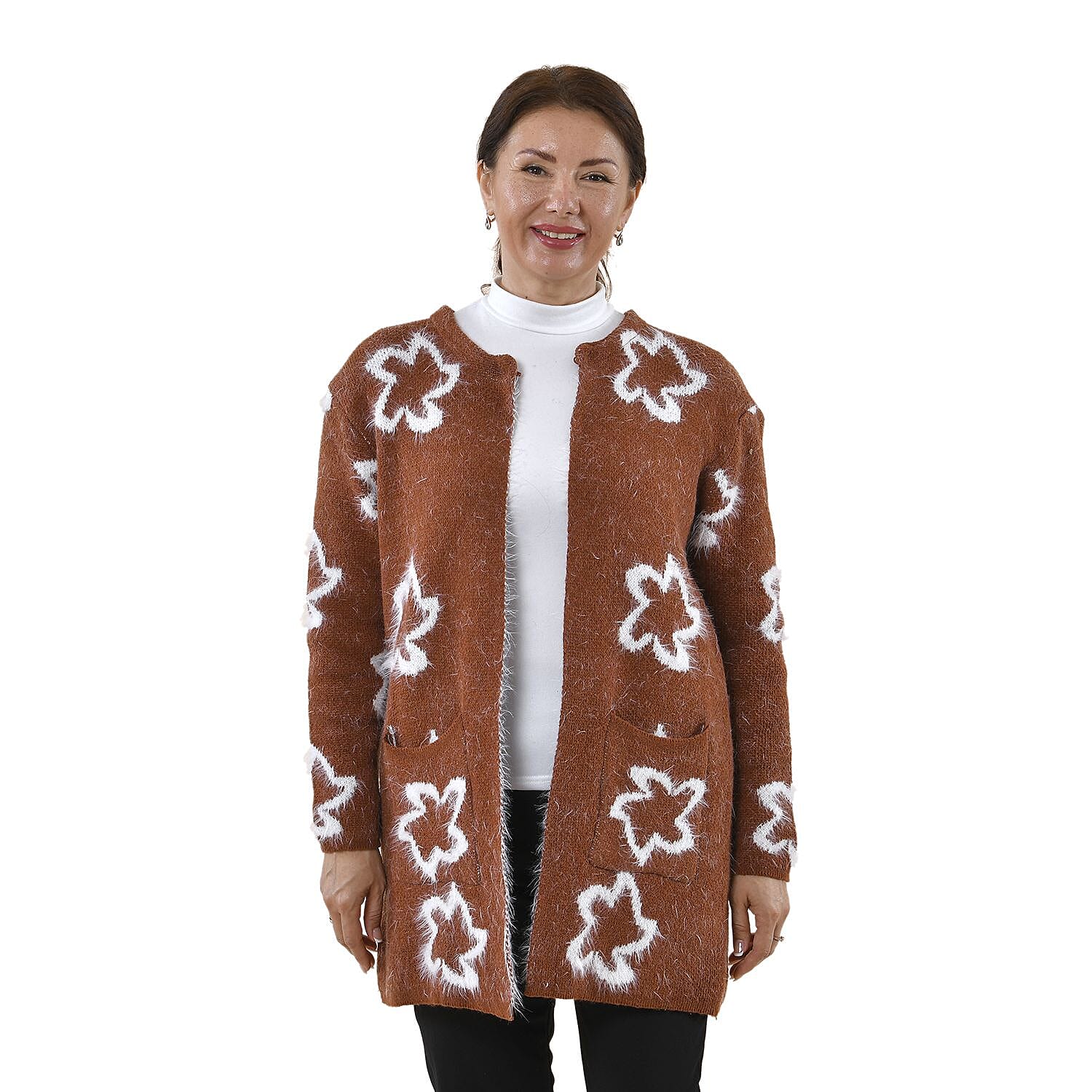TAMSY White Star Pattern Women's Cardigan - Coffee (One Size Fit 8-20, Length 82 Cm) 8860989 4