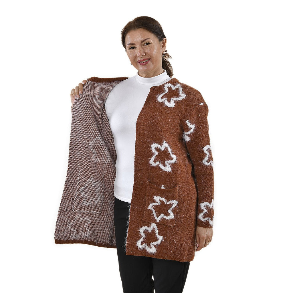 Tamsy White Star Pattern Cardigan - Coffee (One Size Fit 8-20, Length 82 Cm)