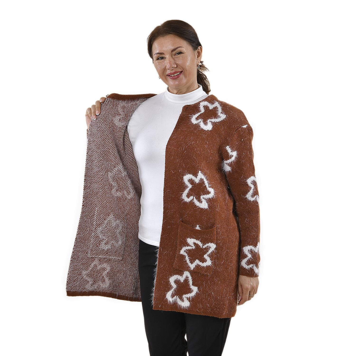 TAMSY White Star Pattern Women's Cardigan - Coffee (One Size Fit 8-20, Length 82 Cm) 8860989 5