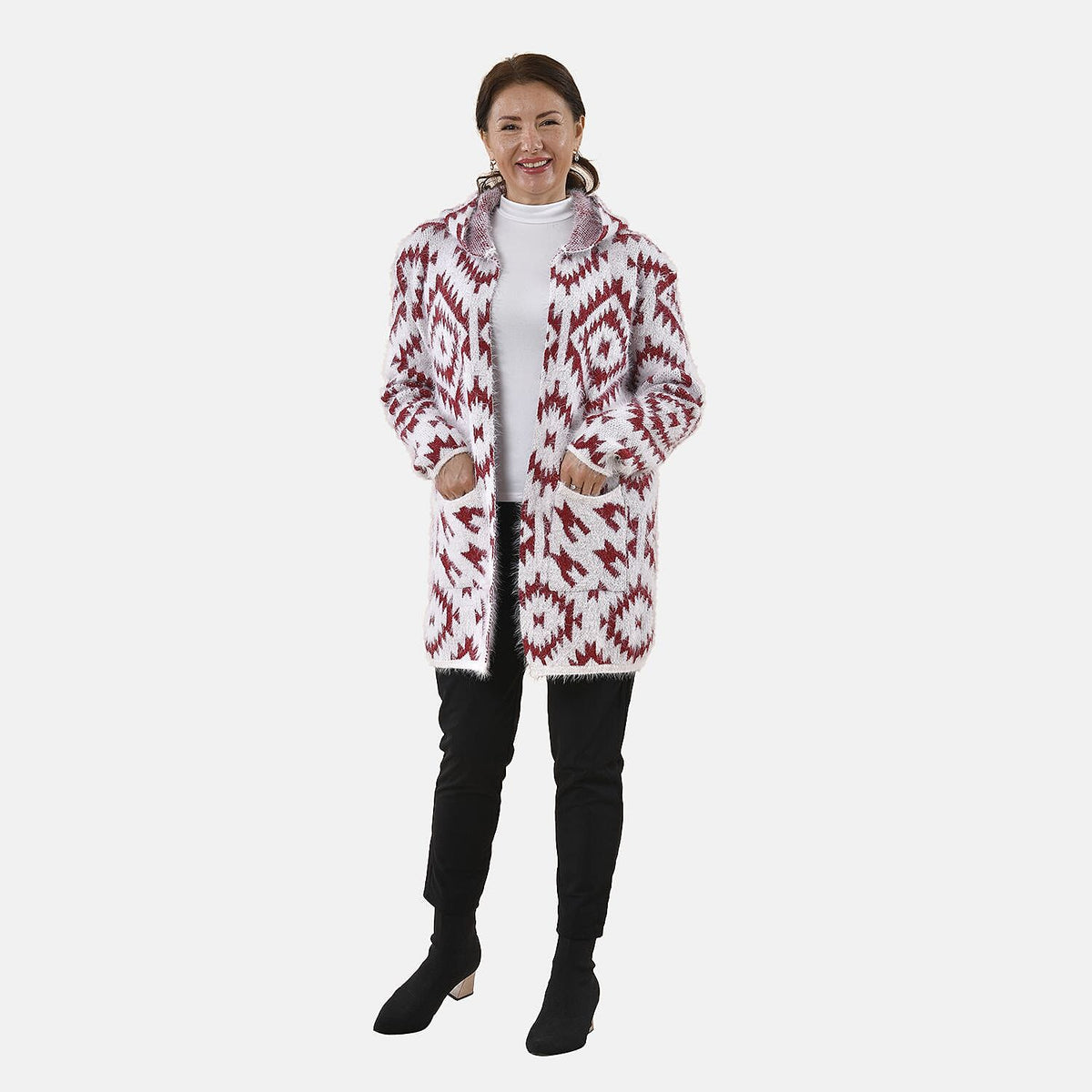 Tamsy Winter Ikat Pattern Hoodie Cardigan (Free Size, 8-20) - White &amp; Burgundy 8861136 0