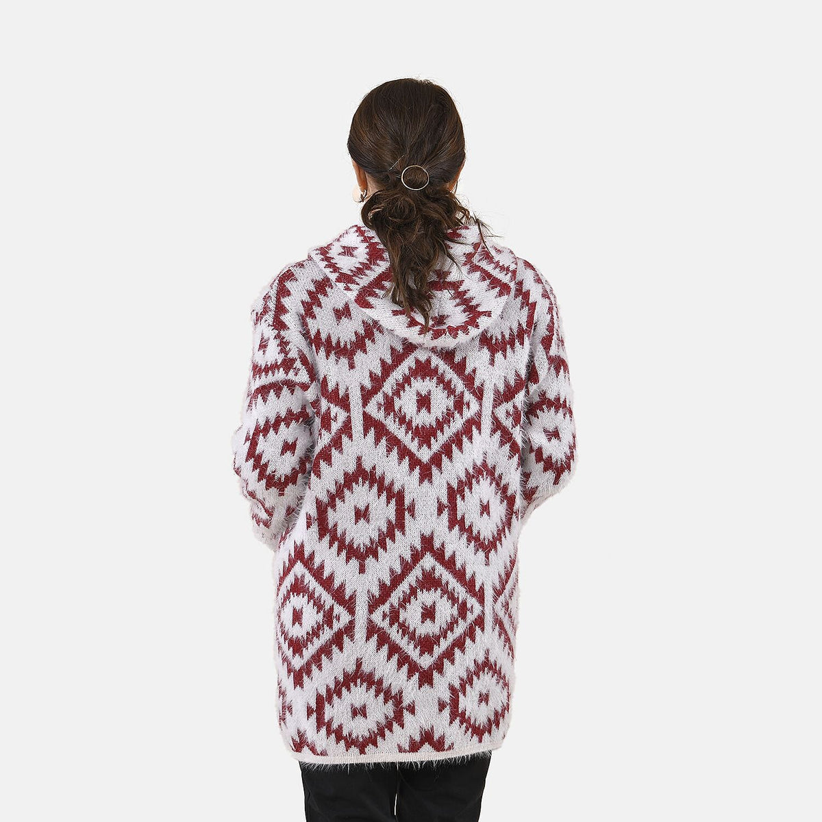 Tamsy Winter Ikat Pattern Hoodie Cardigan (Free Size, 8-20) - White &amp; Burgundy 8861136 2