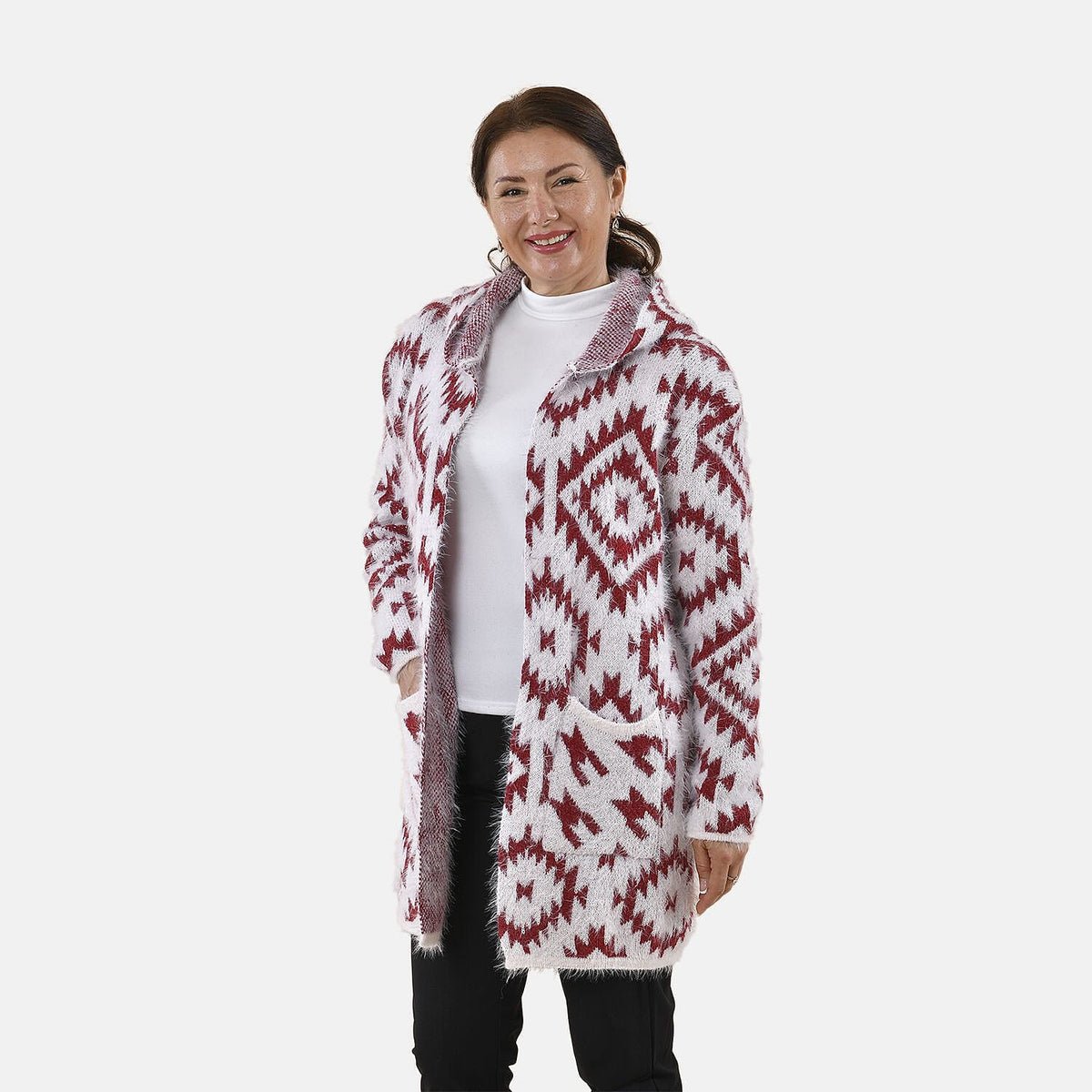 Tamsy Winter Ikat Pattern Hoodie Cardigan (Free Size, 8-20) - White &amp; Burgundy 8861136 3