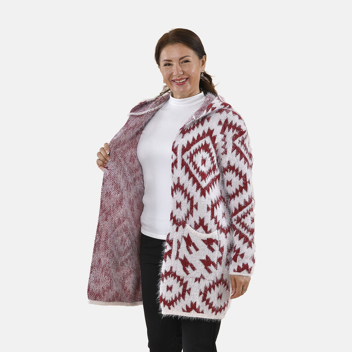 Tamsy Winter Ikat Pattern Hoodie Cardigan (Free Size, 8-20) - White &amp; Burgundy 8861136 4