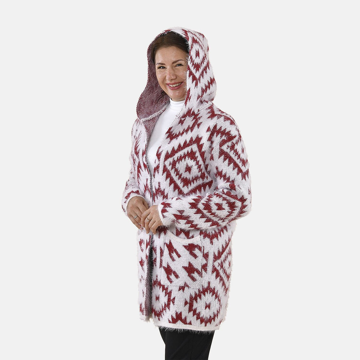Tamsy Winter Ikat Pattern Hoodie Cardigan (Free Size, 8-20) - White &amp; Burgundy 8861136 5
