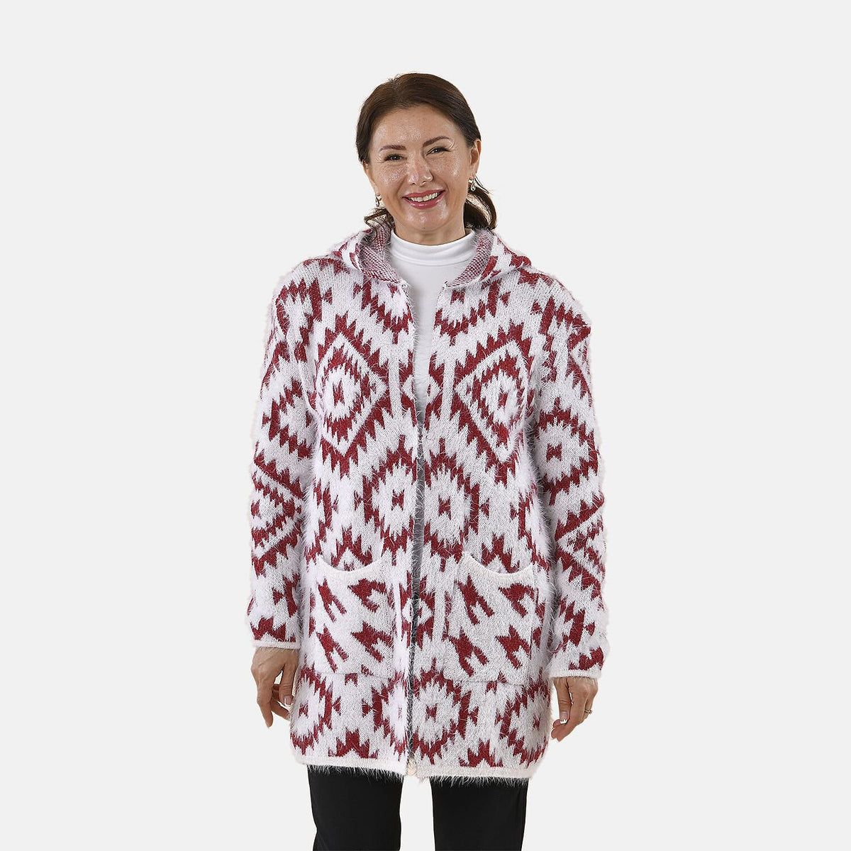 Tamsy Winter Ikat Pattern Hoodie Cardigan (Free Size, 8-20) - White &amp; Burgundy 8861136 6