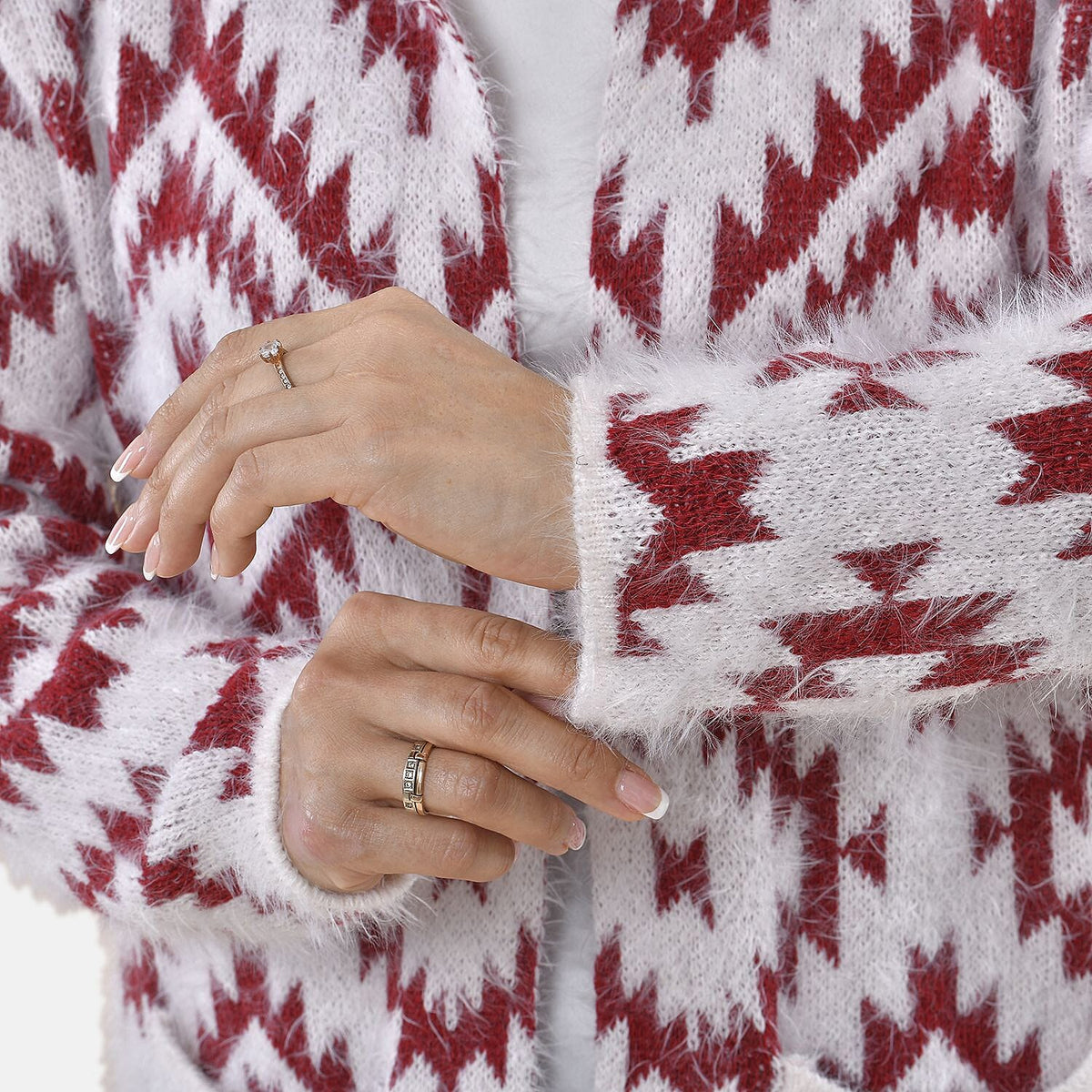Tamsy Winter Ikat Pattern Hoodie Cardigan (Free Size, 8-20) - White &amp; Burgundy 8861136 8