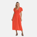 Tamsy Womens Flutter Sleeve V-Neck Smocked Midi Dress (One Size Curve) - Red