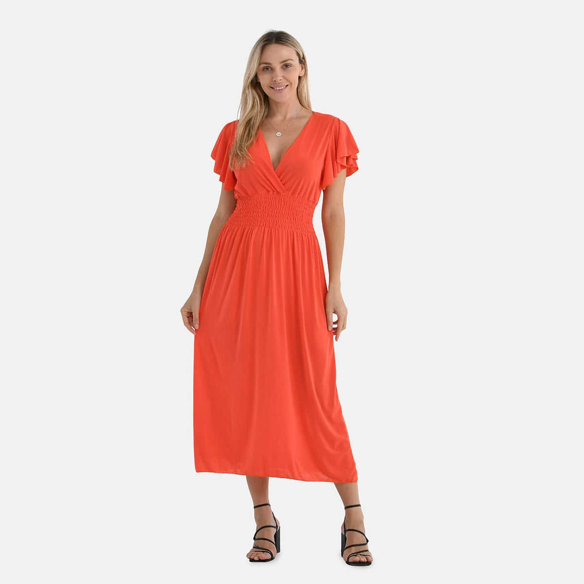 Tamsy Women's Flutter Sleeve V-Neck Smocked Midi Dress V32669269 0