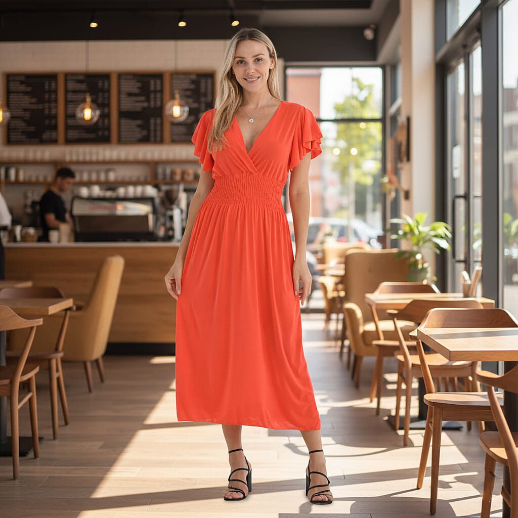 Tamsy Women's Flutter Sleeve V-Neck Smocked Midi Dress V32669269 2