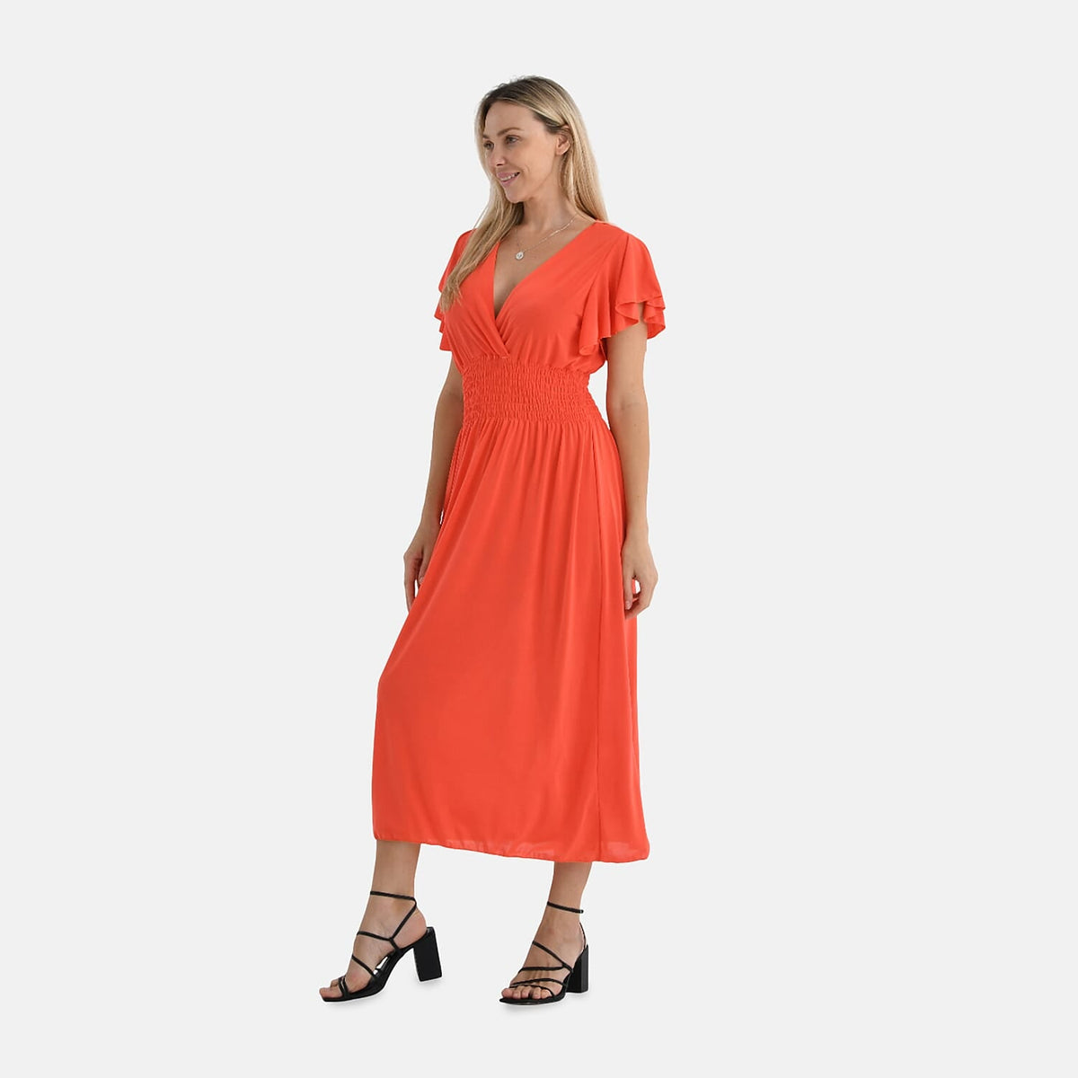 Tamsy Women's Flutter Sleeve V-Neck Smocked Midi Dress V32669269 4