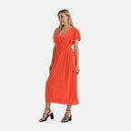 Tamsy Womens Flutter Sleeve V-Neck Smocked Midi Dress (One Size Curve) - Red