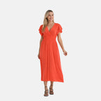 Tamsy Womens Flutter Sleeve V-Neck Smocked Midi Dress (One Size Curve) - Red