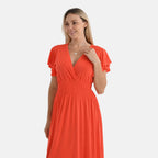 Tamsy Womens Flutter Sleeve V-Neck Smocked Midi Dress (One Size Curve) - Red