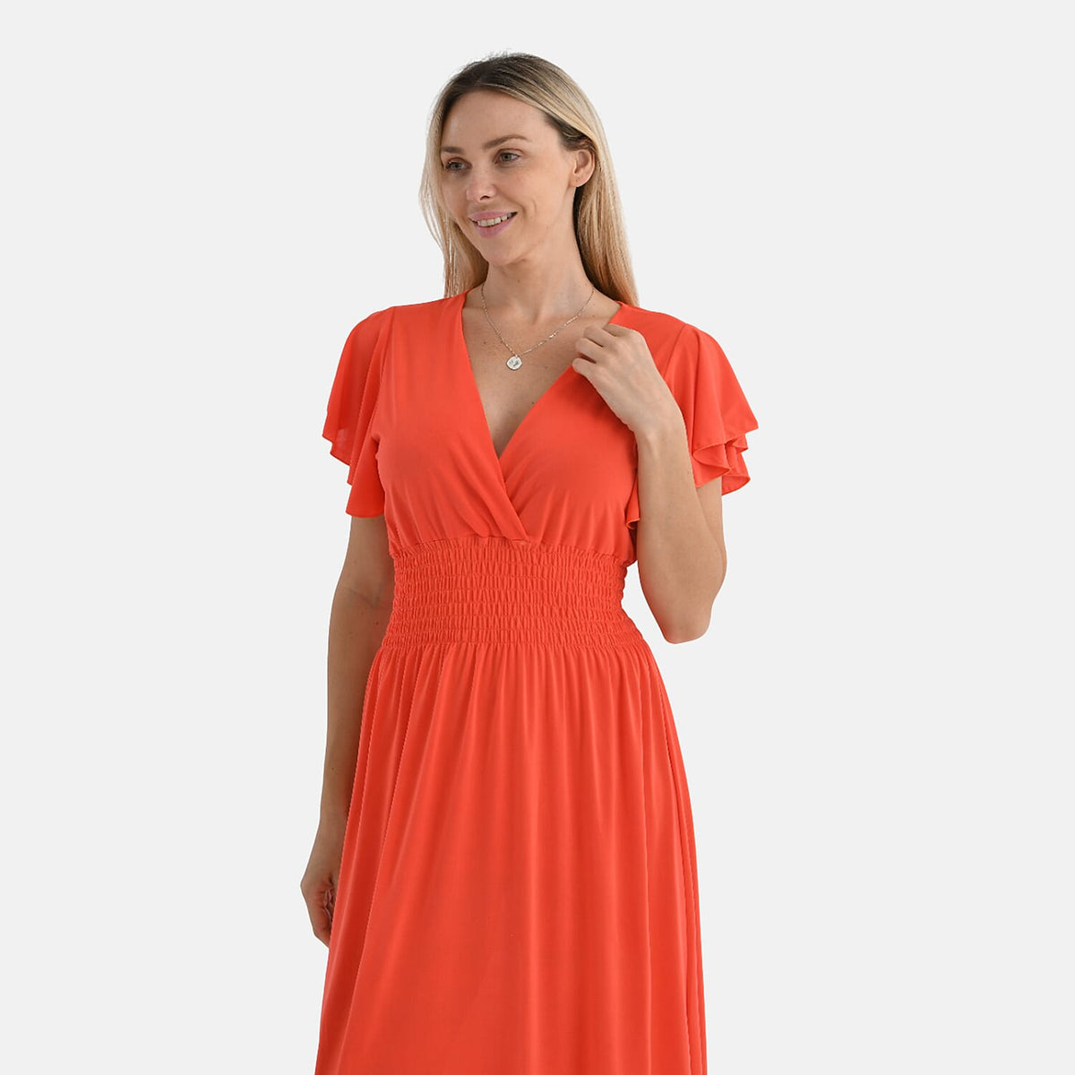 Tamsy Women's Flutter Sleeve V-Neck Smocked Midi Dress V32669269 6