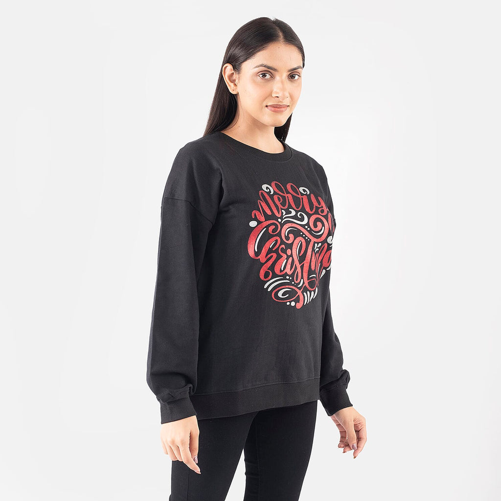 TAMSY Merry Christmas Printed Cotton Sweatshirt (Size XXL - 24-26) - Black