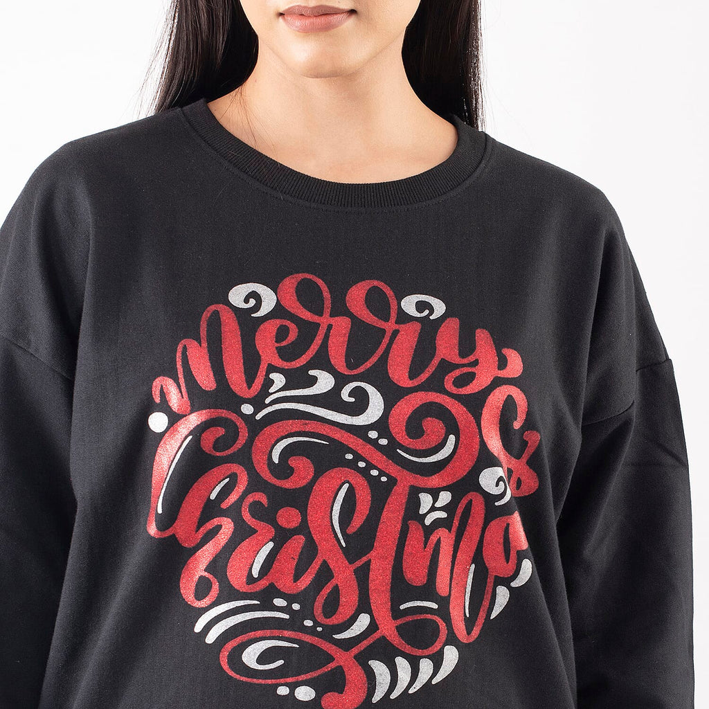 TAMSY Merry Christmas Printed Cotton Sweatshirt (Size XXL - 24-26) - Black