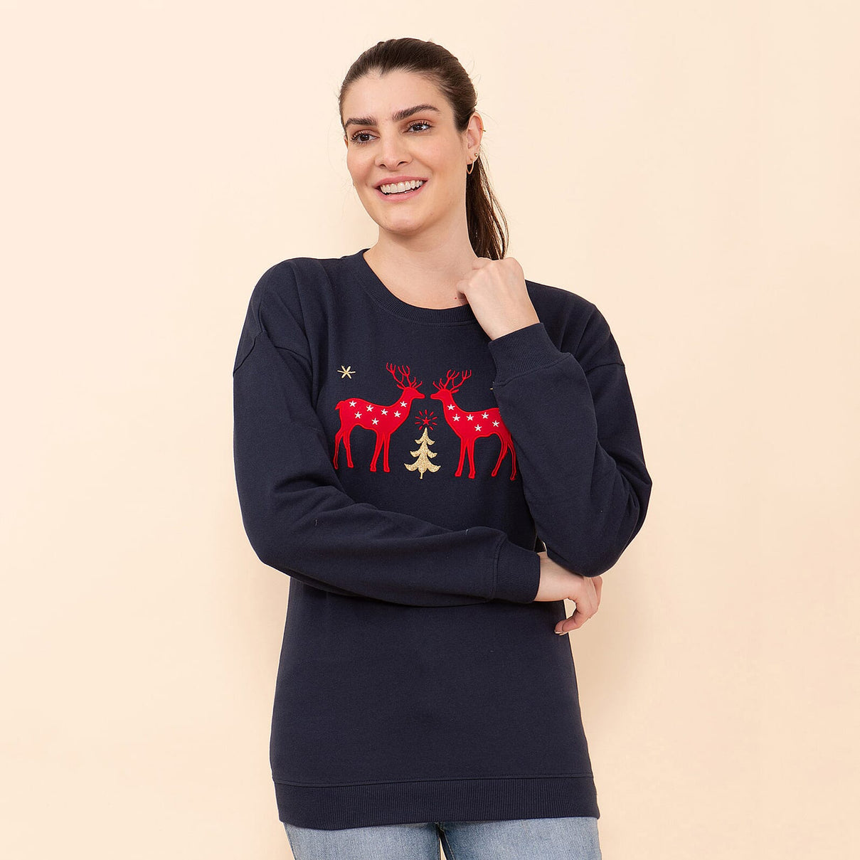 TAMSY Xmas Reindeer Embroidered Cotton Women's Sweatshirt 7142015 0