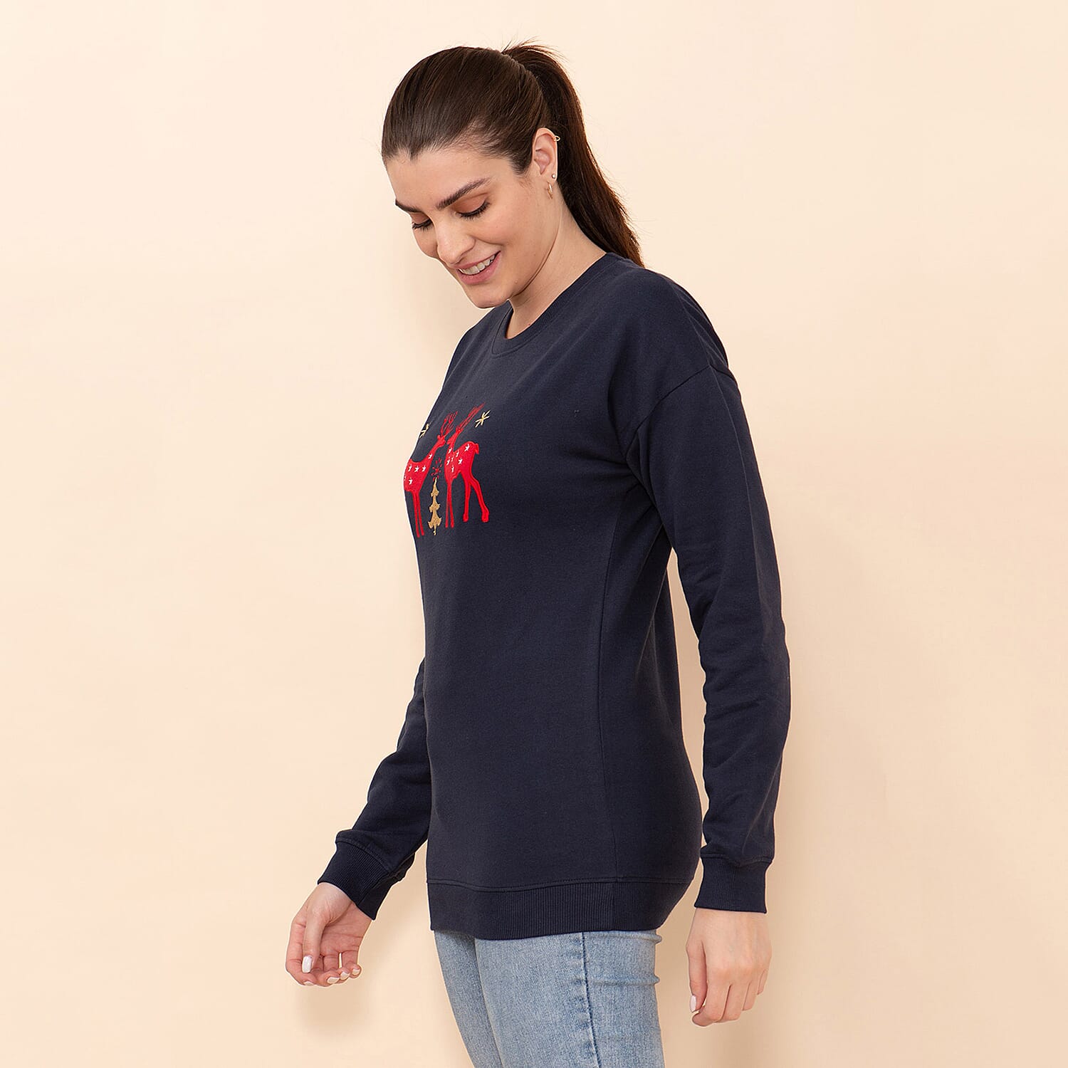 TAMSY Xmas Reindeer Embroidered Cotton Women's Sweatshirt 7142015 2