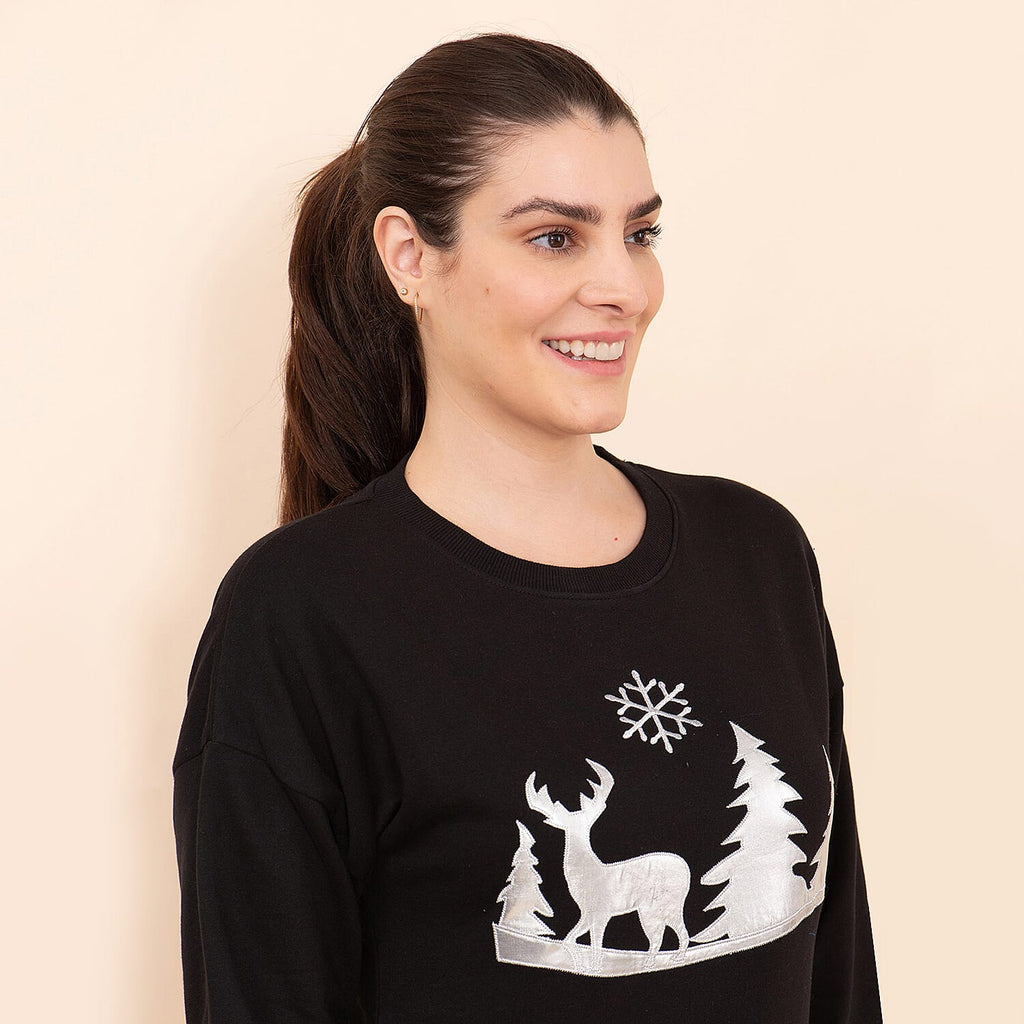 100% Cotton Fleece Knit Sweatshirt (Size M) - Black