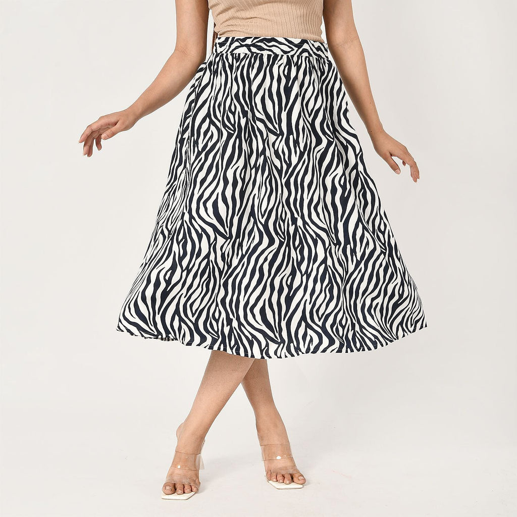 TAMSY 100% Viscose Zebra Pattern Skirt with Elastic Waist (Size XXL) - Off White - Navy