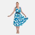 TAMSY 100% Viscose Square Printed Umbrella Dress with Elasticated Belt (Curve Size - 20 to 26) - Blue - White