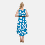 TAMSY 100% Viscose Square Printed Umbrella Dress with Elasticated Belt (Curve Size - 20 to 26) - Blue - White
