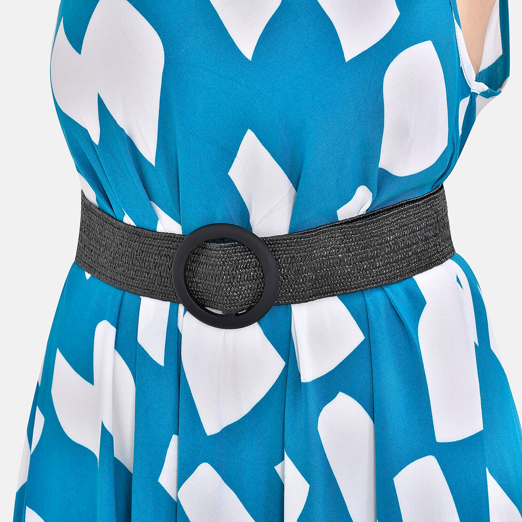 TAMSY 100% Viscose Square Printed Umbrella Dress with Elasticated Belt (Curve Size - 20 to 26) - Blue - White