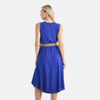 Tamsy 100% Viscose Sleeveless Umbrella Dress with Belt (One Size) - Blue