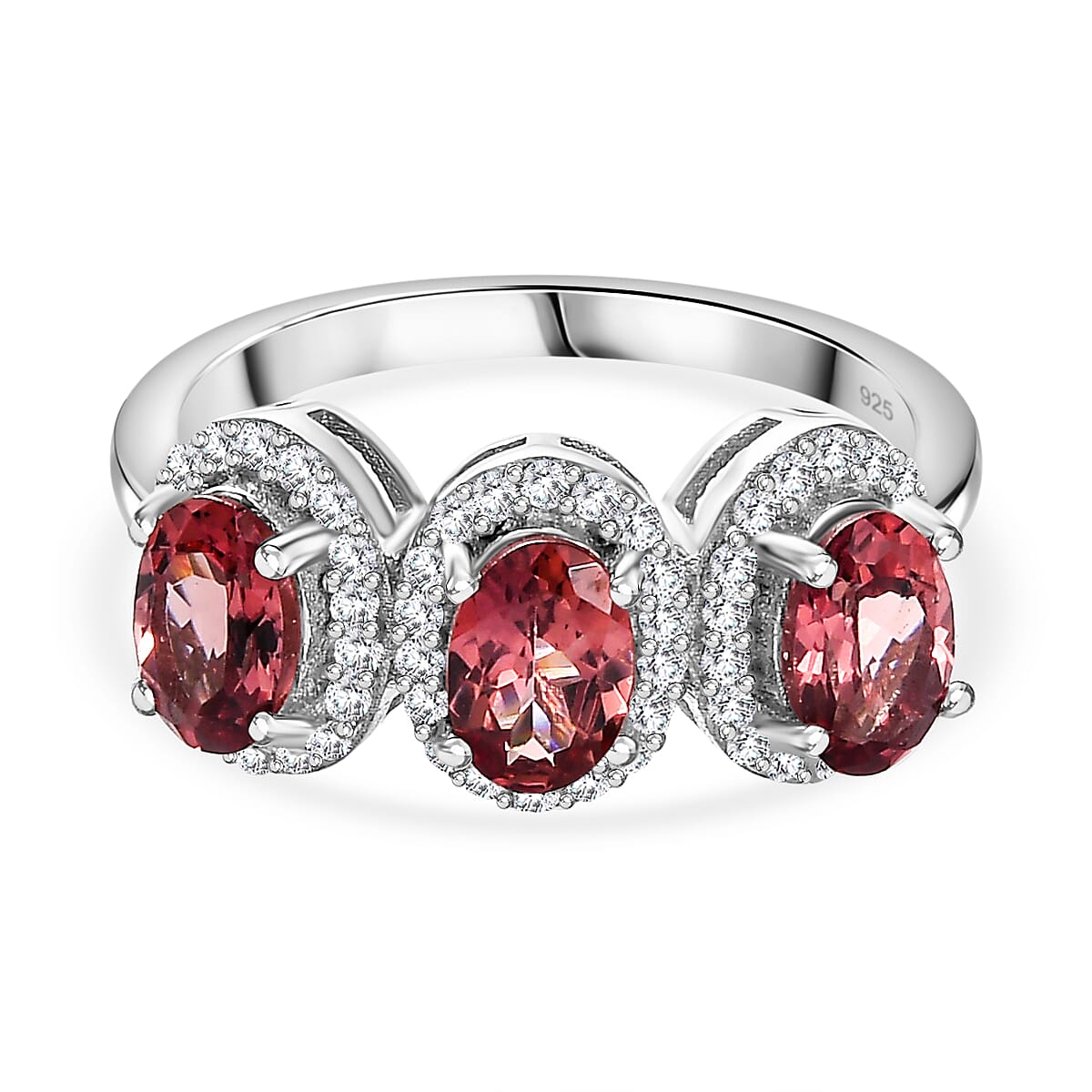 Tanzanian Blush Garnet and Natural Zircon Halo Ring in Rhodium Overlay Sterling Silver 7808798 0