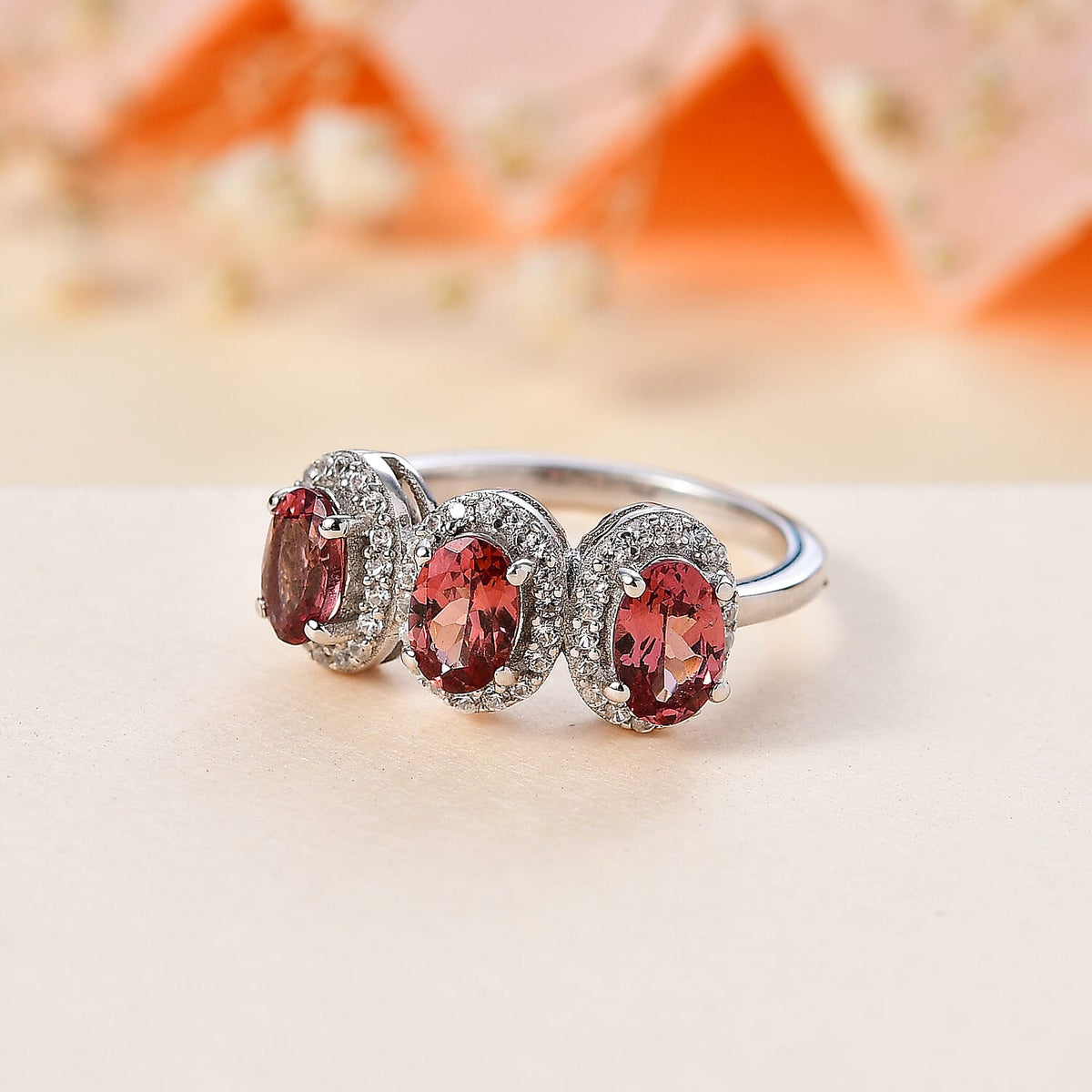 Tanzanian Blush Garnet and Natural Zircon Halo Ring in Rhodium Overlay Sterling Silver 7808798 2