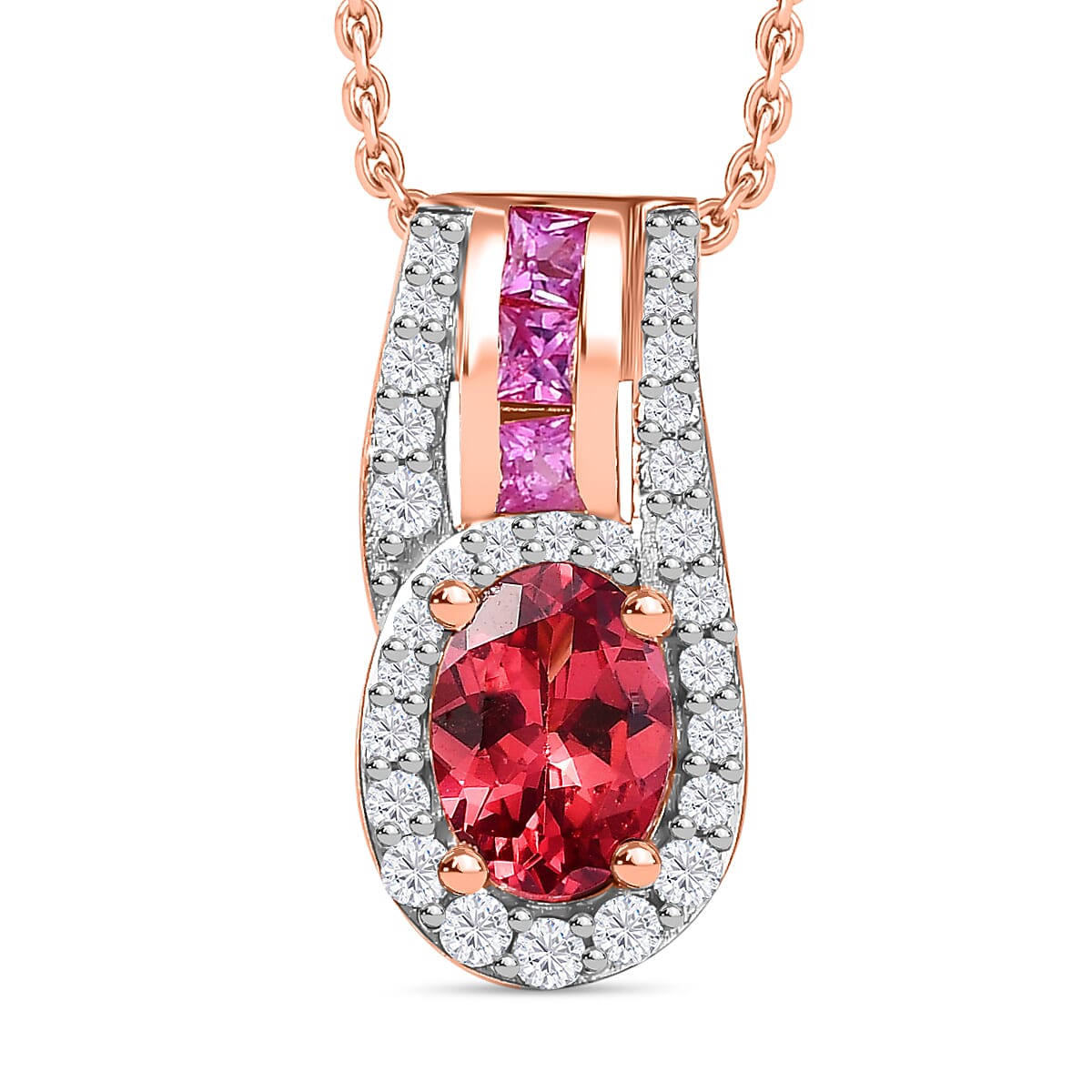 Tanzanian Blush Garnet, Natural Zircon and Pink Sapphire Halo Pendant with Chain (Size 20) in 18K Rose Gold Vermeil Plated Sterling Silver 4283826 0