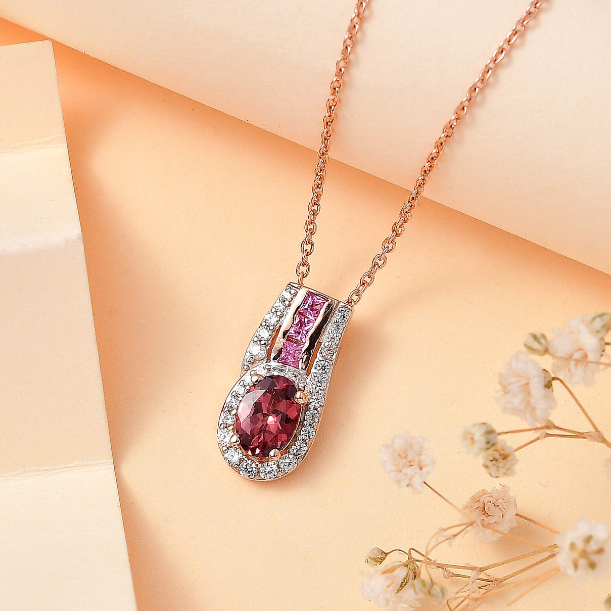 Tanzanian Blush Garnet, Natural Zircon and Pink Sapphire Halo Pendant with Chain (Size 20) in 18K Rose Gold Vermeil Plated Sterling Silver 4283826 3