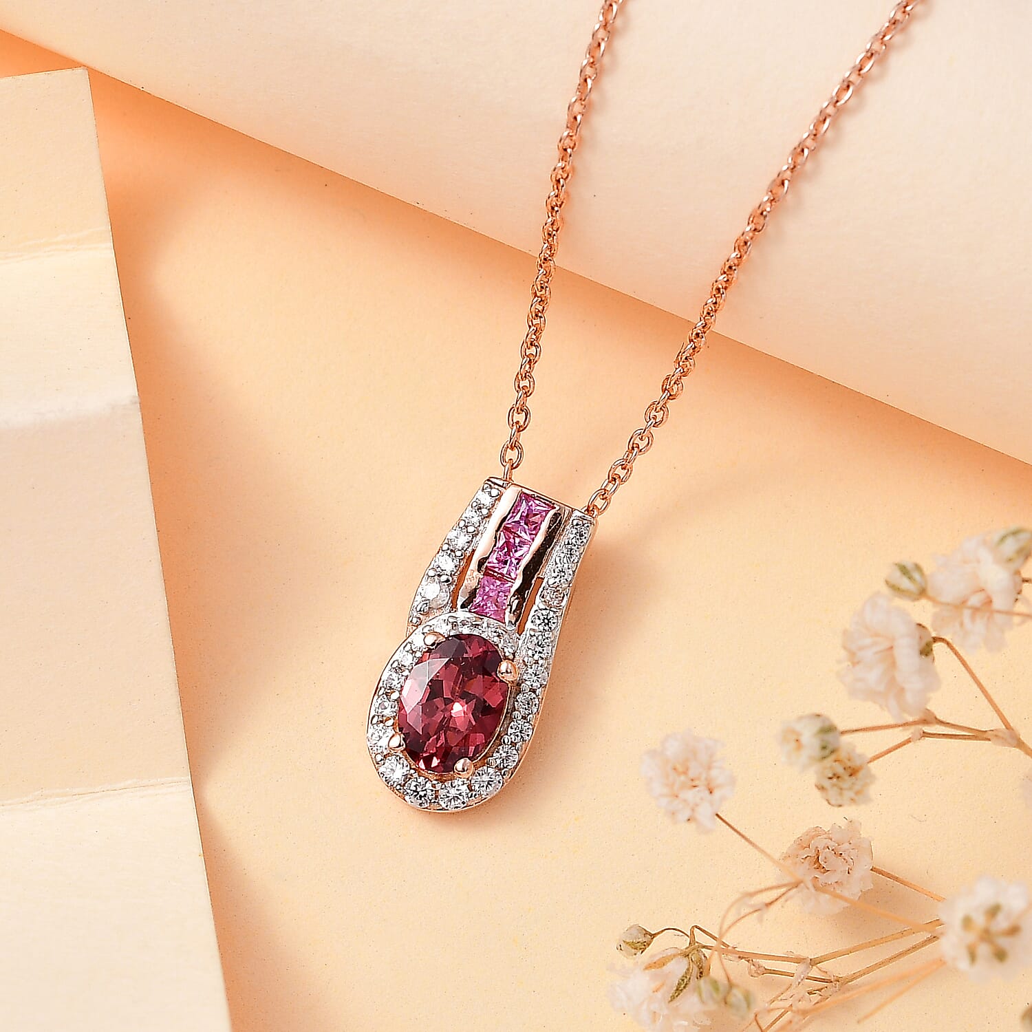 Tanzanian Blush Garnet, Natural Zircon and Pink Sapphire Halo Pendant with Chain (Size 20) in 18K Rose Gold Vermeil Plated Sterling Silver 4283826 3