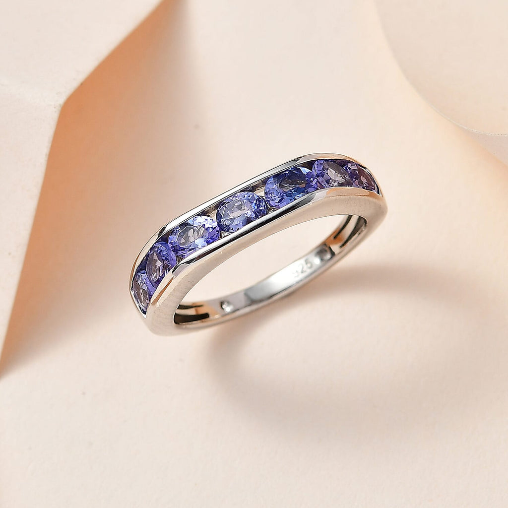 Tanzanite 7 Stone Band Ring in Platinum Overlay Sterling Silver 1.35 Ct.