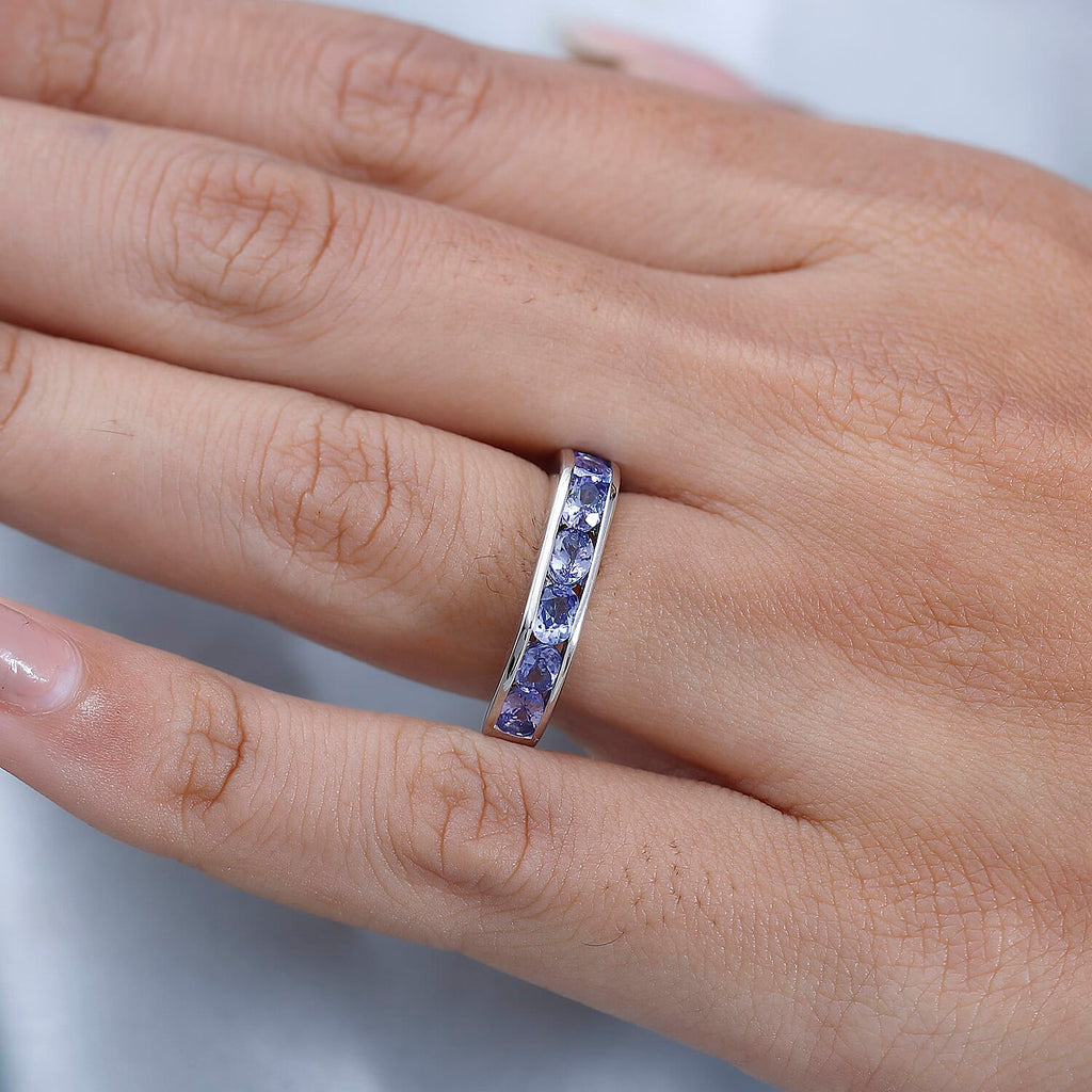 Tanzanite 7 Stone Band Ring in Platinum Overlay Sterling Silver 1.35 Ct.