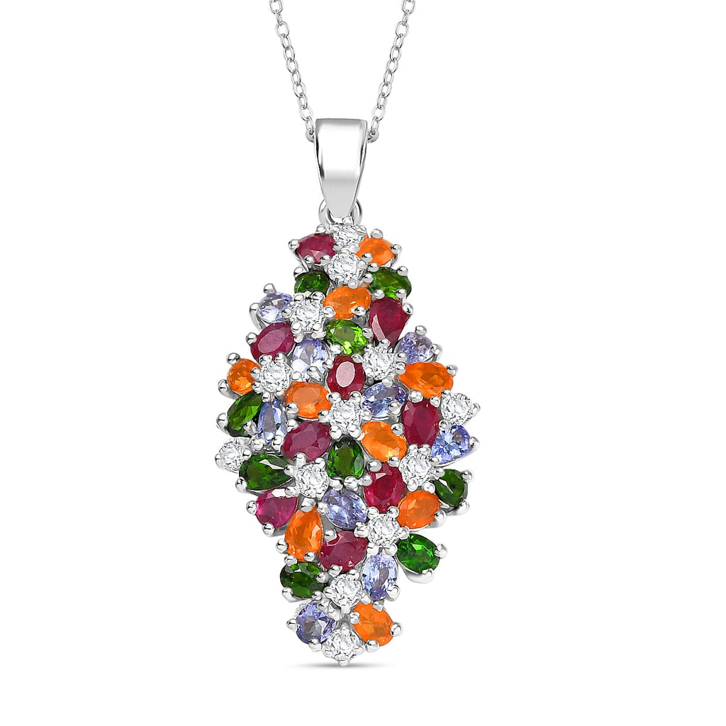 Tanzanite, Fire Opal & Multi Gemstones Pendant with Chain (Size 20) in Rhodium Overlay Sterling Silver 7.96 Ct, Silver wt. 6.80 Gms.