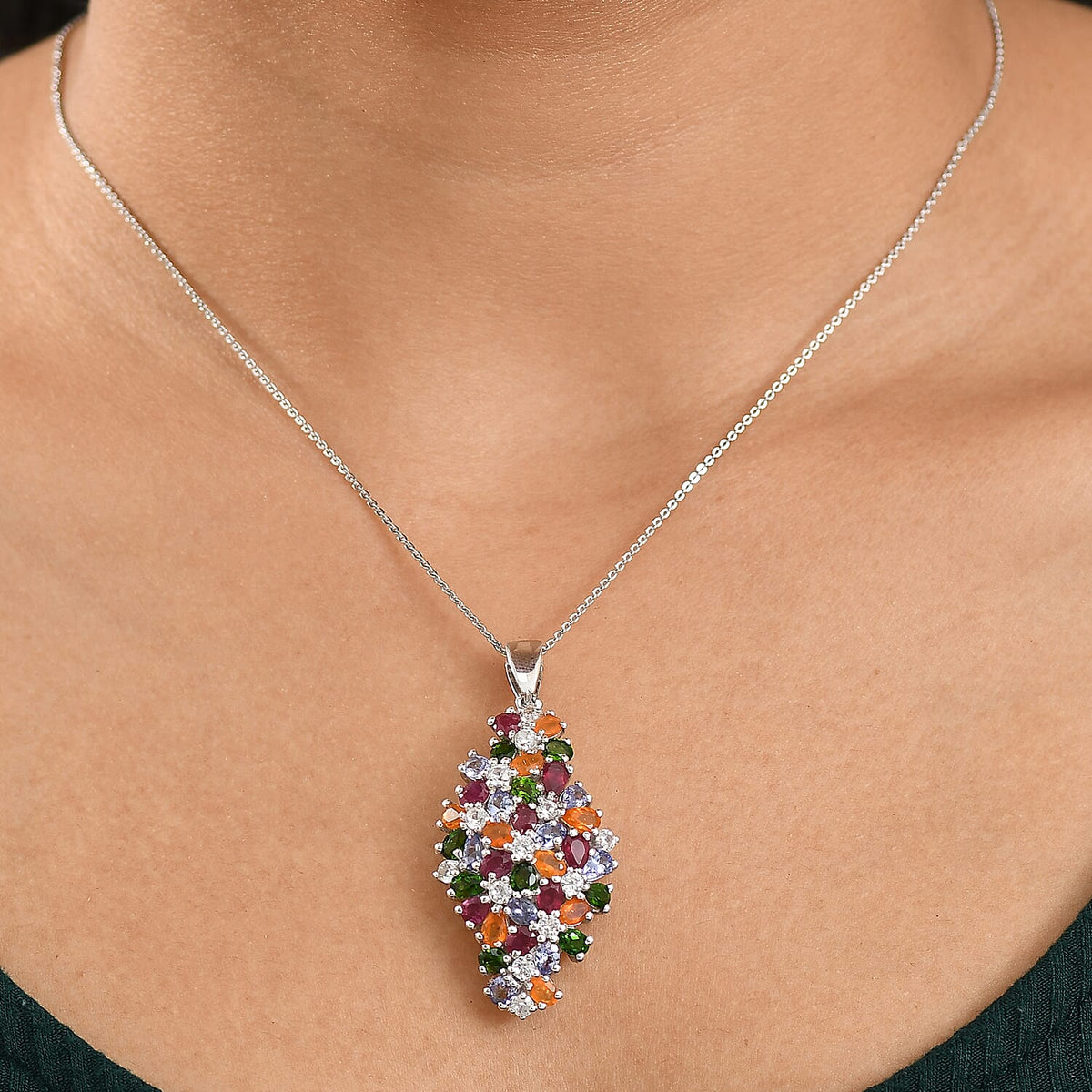 Tanzanite, Fire Opal and Multi-Gemstones Floral Cluster Pendant with Chain (Size 20) in Rhodium Overlay Sterling Silver 2.37 Ct. 4388192 2