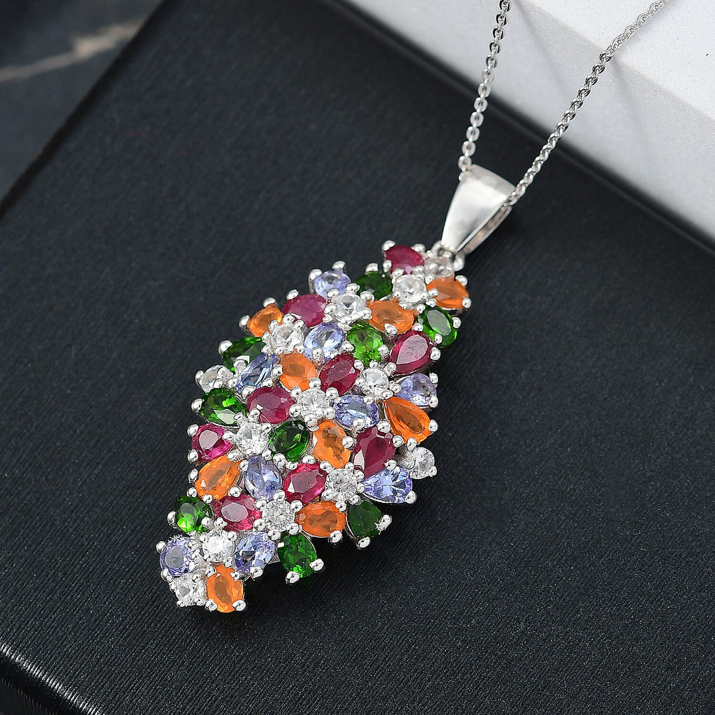 Tanzanite, Fire Opal & Multi Gemstones Pendant with Chain (Size 20) in Rhodium Overlay Sterling Silver 7.96 Ct, Silver wt. 6.80 Gms.